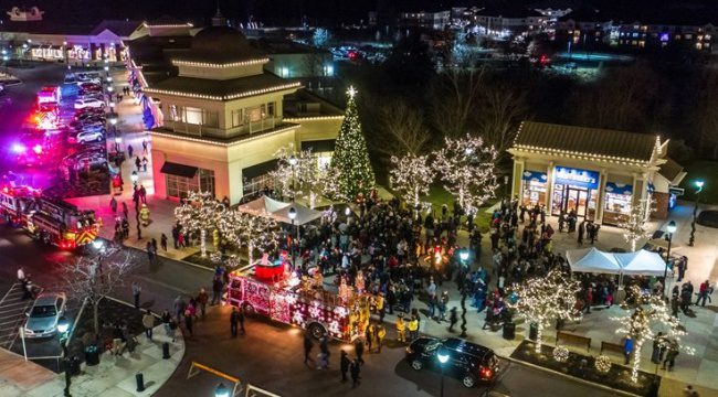 Overhead shot of outdoor Christmas celebration at night